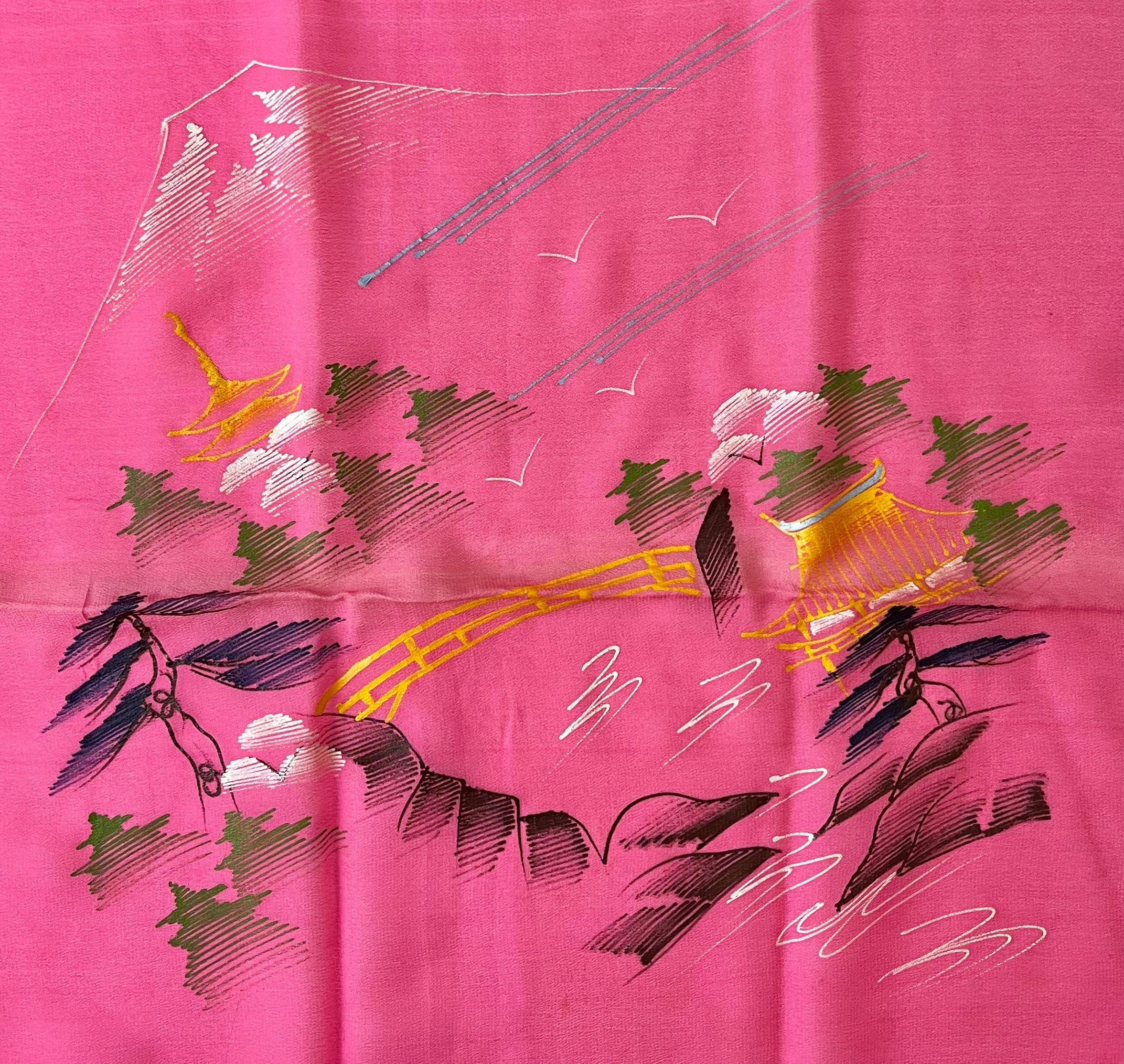 Vintage Silk Crepe Hand-Painted Print Square Scarf