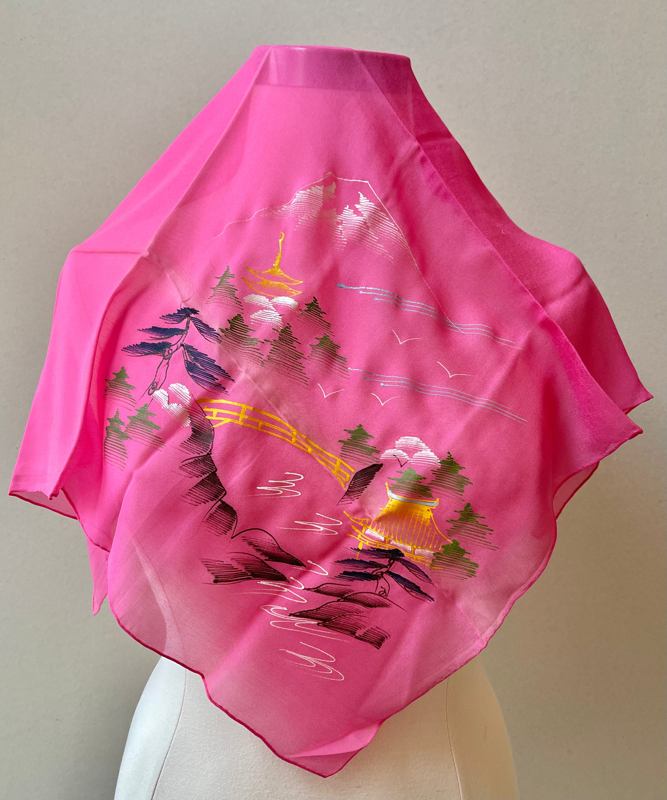 Vintage Silk Crepe Hand-Painted Print Square Scarf