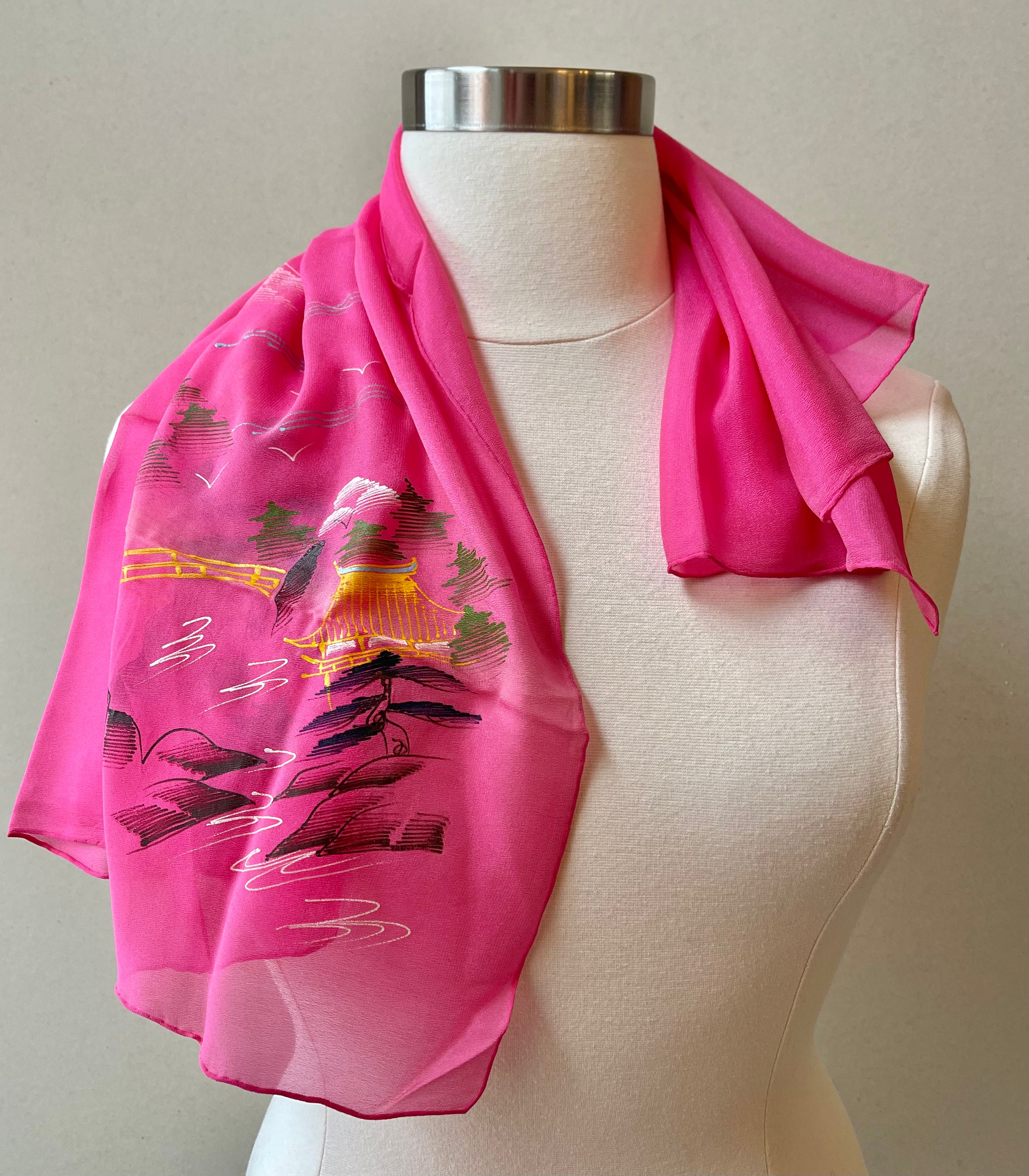 Vintage Silk Crepe Hand-Painted Print Square Scarf