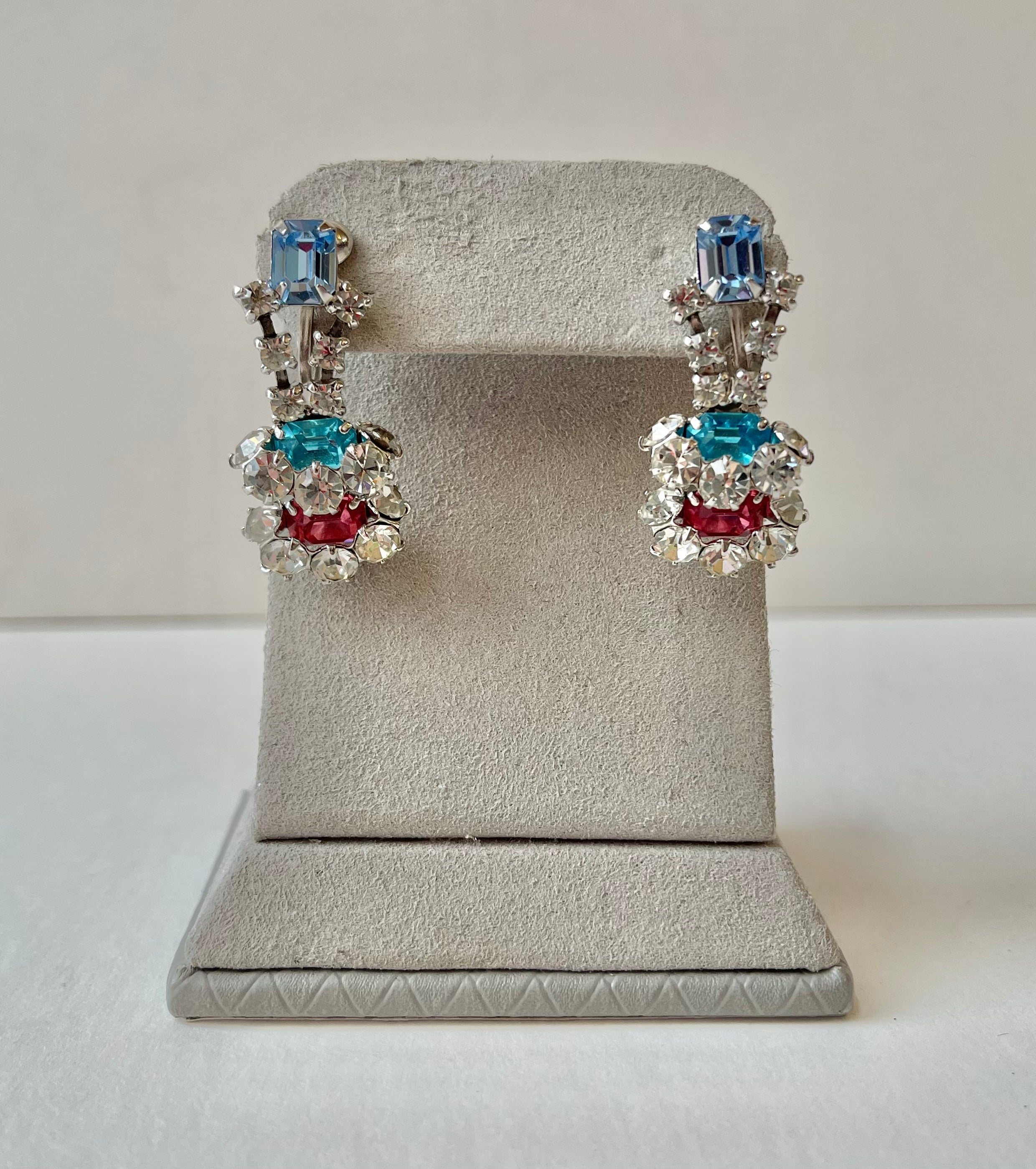 50s Rhinestone Tri-Color Dangle Earrings