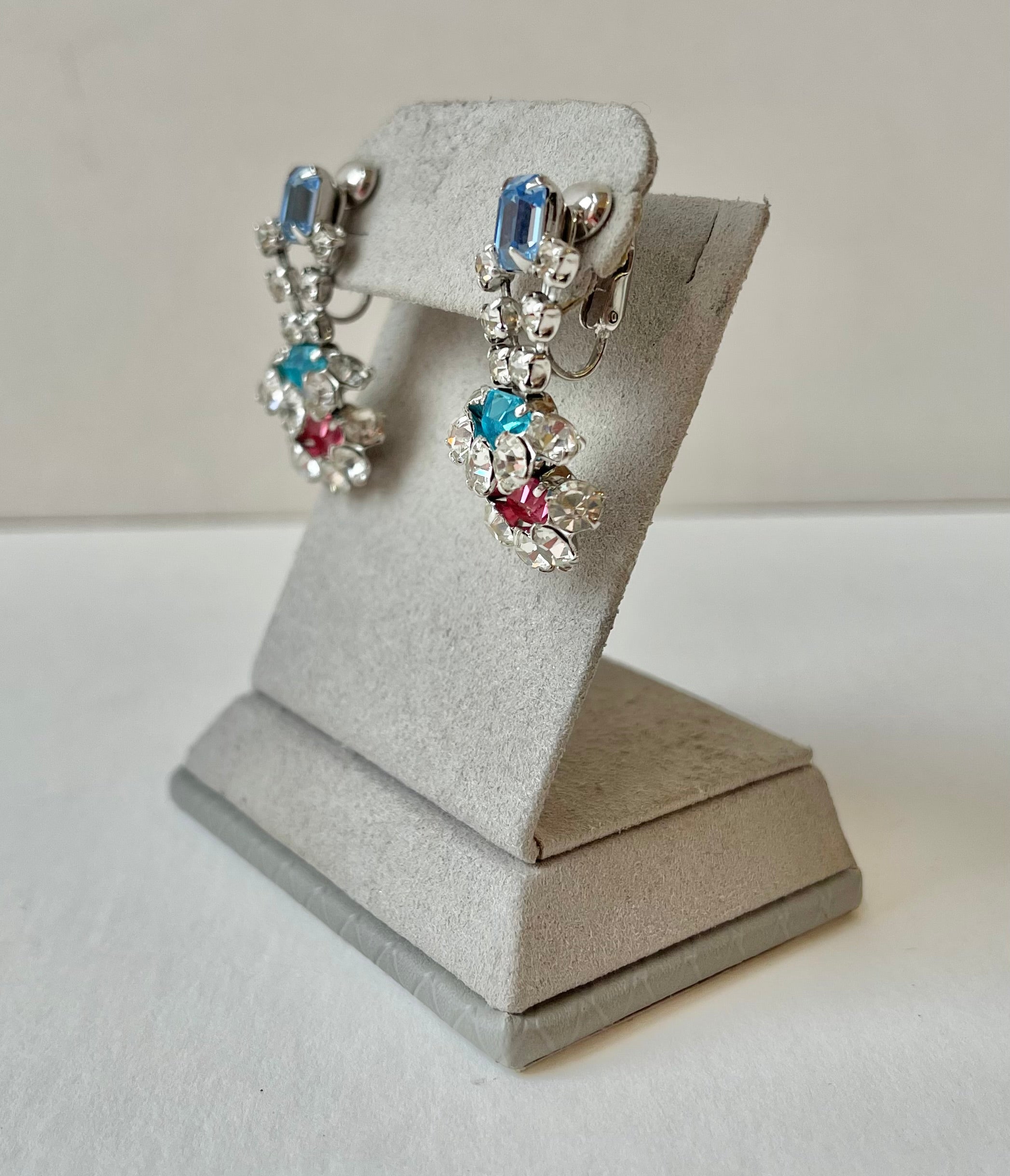 50s Rhinestone Tri-Color Dangle Earrings