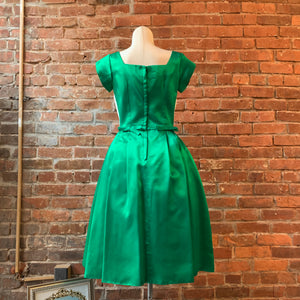 1950's Vintage Satin Green and White Party Dress, X-Small-Small