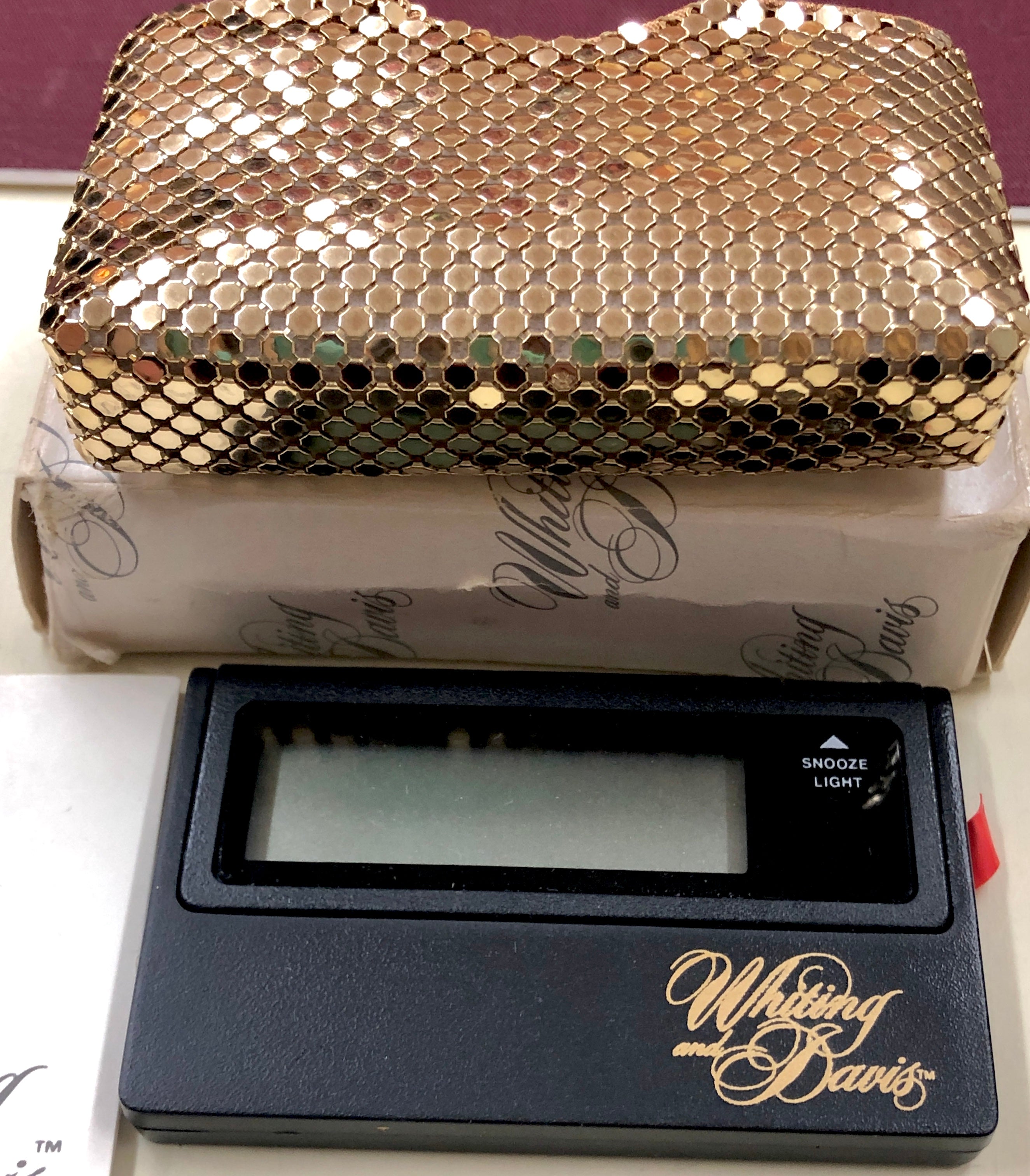 Vintage Whiting & Davis Never Used Digital Travel Clock with Gold Metal Mesh Case